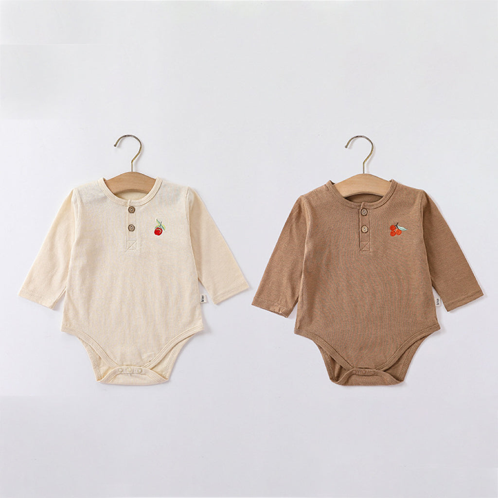 Embroidered Graphic Long Sleeve Onesies in various colors for babies, showcasing soft cotton fabric and stylish embroidery.