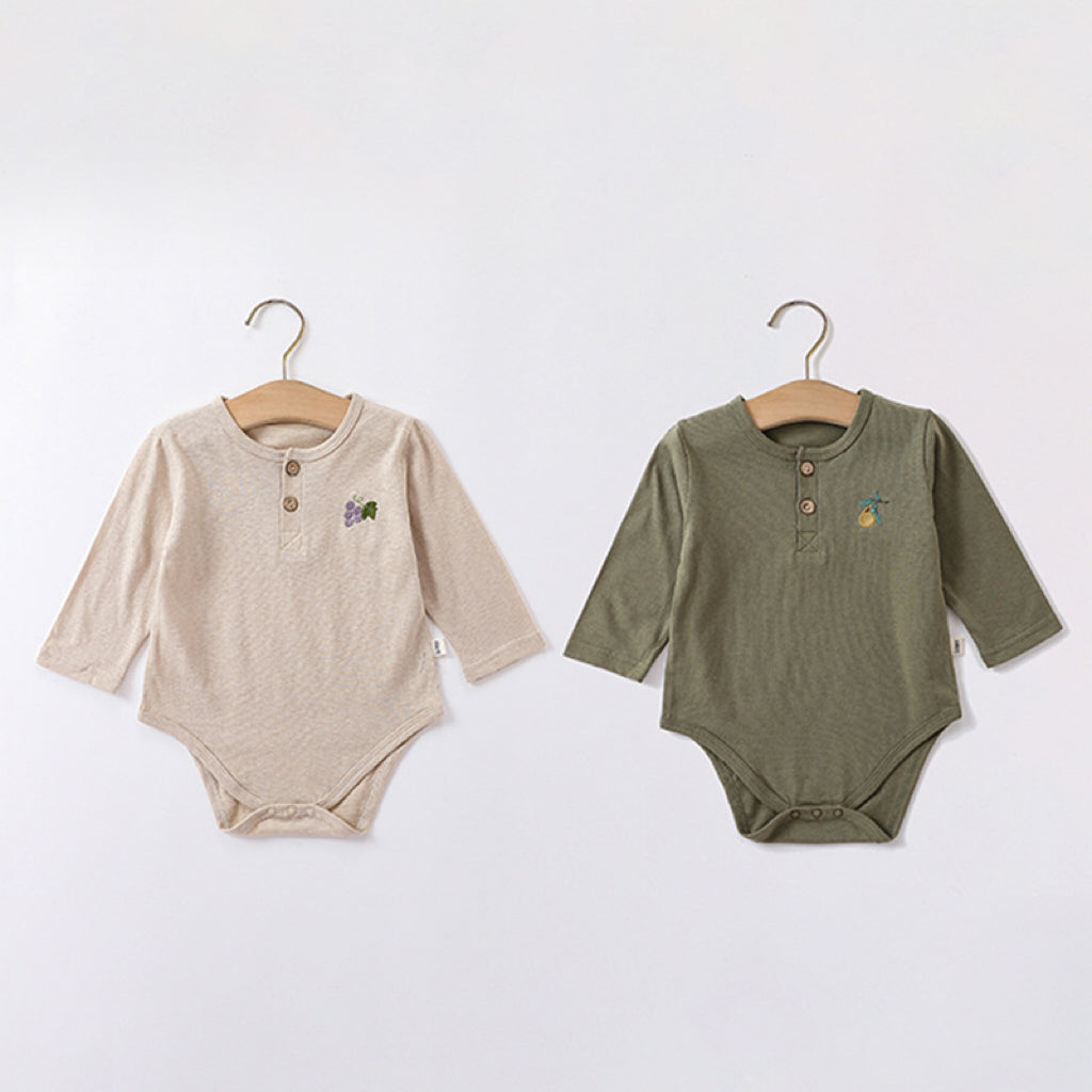 Embroidered Graphic Long Sleeve Onesies in various colors for babies, showcasing soft cotton fabric and stylish embroidery.