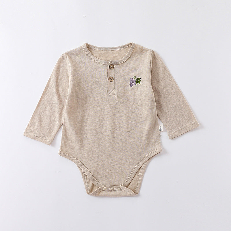 Embroidered Graphic Long Sleeve Onesies in various colors for babies, showcasing soft cotton fabric and stylish embroidery.