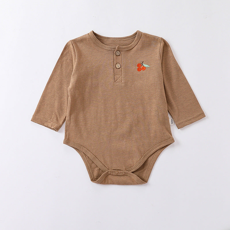 Embroidered Graphic Long Sleeve Onesies in various colors for babies, showcasing soft cotton fabric and stylish embroidery.
