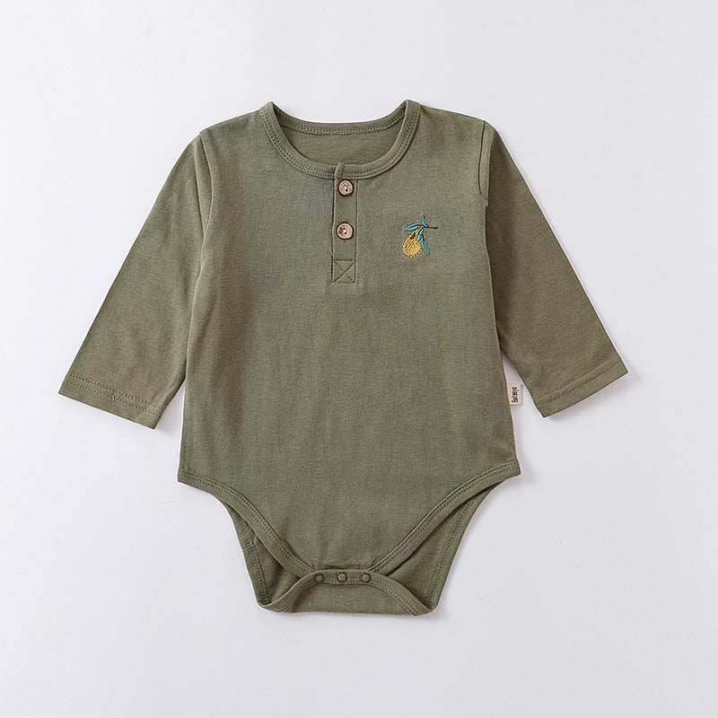 Embroidered Graphic Long Sleeve Onesies in various colors for babies, showcasing soft cotton fabric and stylish embroidery.