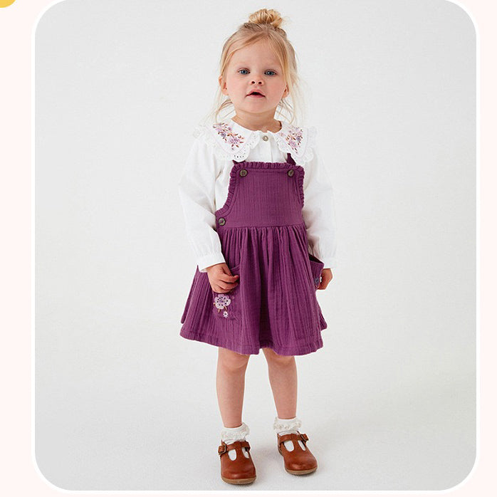 Embroidered Pattern Doll Neck Short & Dress Sets in purple and yellow, featuring a floral design, perfect for baby girls and girls.
