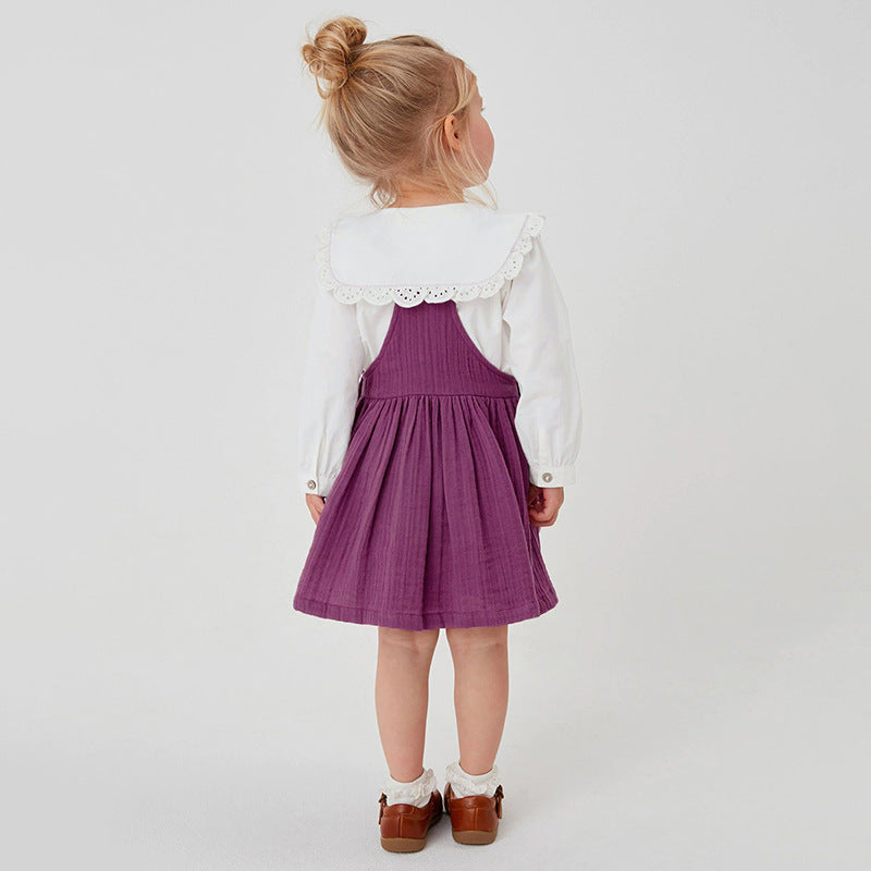 Embroidered Pattern Doll Neck Short & Dress Sets in purple and yellow, featuring a floral design, perfect for baby girls and girls.