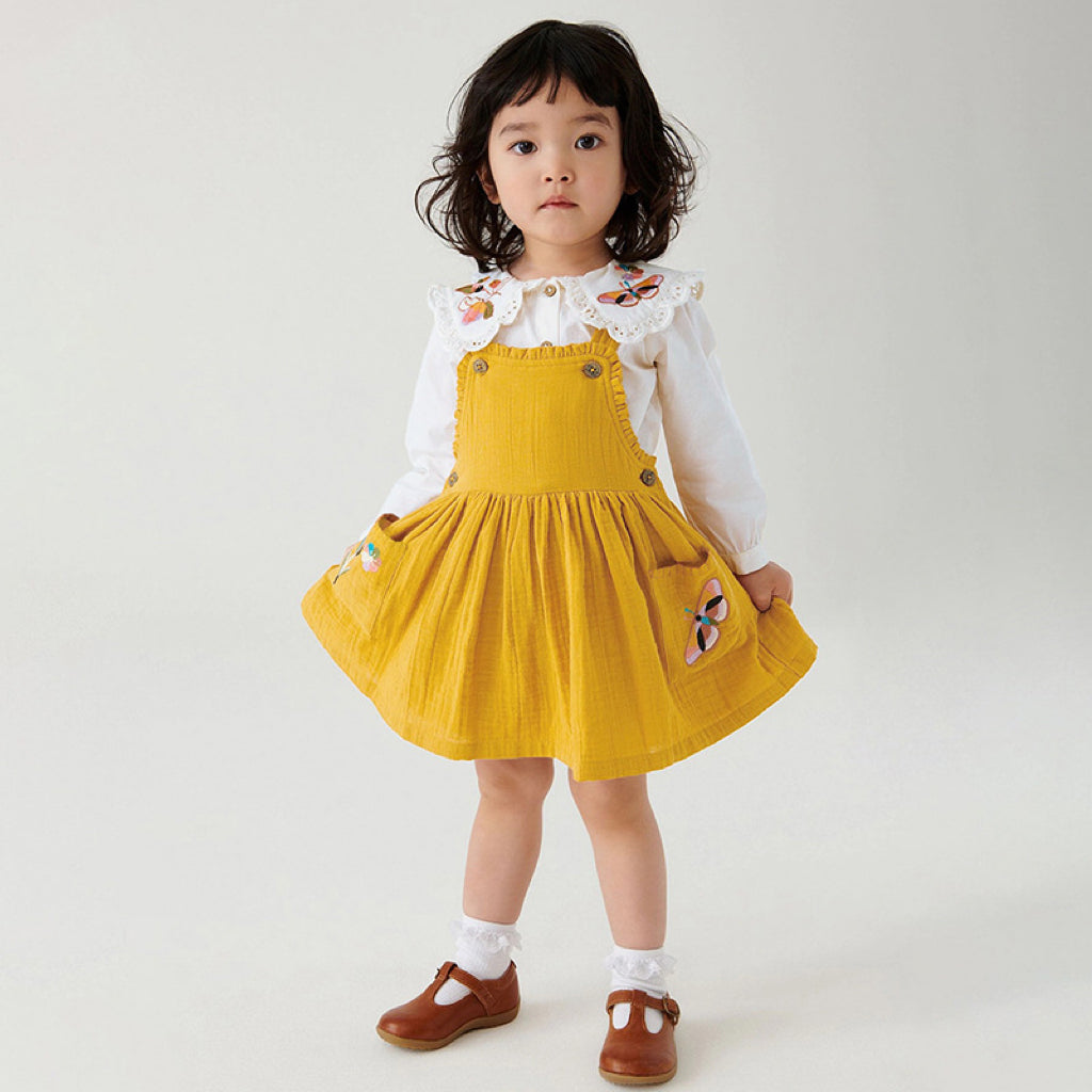 Embroidered Pattern Doll Neck Short & Dress Sets in purple and yellow, featuring a floral design, perfect for baby girls and girls.