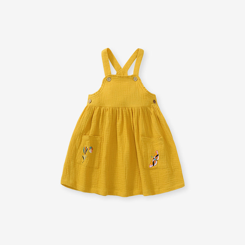 Embroidered Pattern Doll Neck Short & Dress Sets in purple and yellow, featuring a floral design, perfect for baby girls and girls.