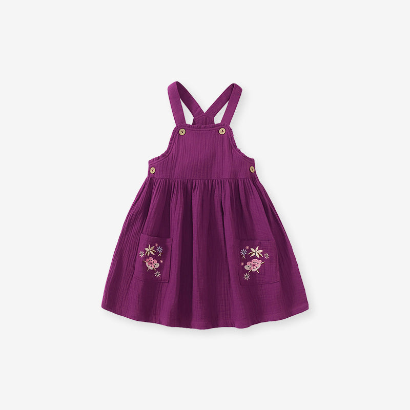 Embroidered Pattern Doll Neck Short & Dress Sets in purple and yellow, featuring a floral design, perfect for baby girls and girls.