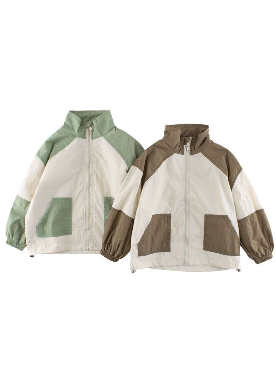 European and American Style Boys’ Outerwear in color patchwork design, featuring green and coffee colors, suitable for all seasons.