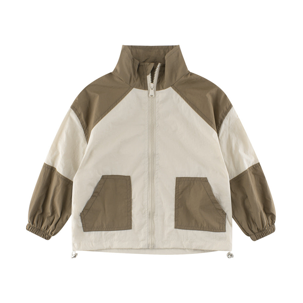 European and American Style Boys’ Outerwear in color patchwork design, featuring green and coffee colors, suitable for all seasons.