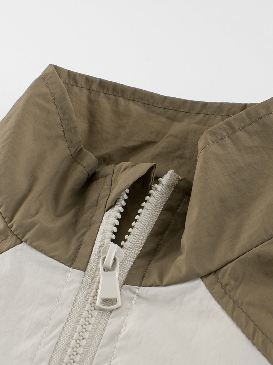 European and American Style Boys’ Outerwear in color patchwork design, featuring green and coffee colors, suitable for all seasons.