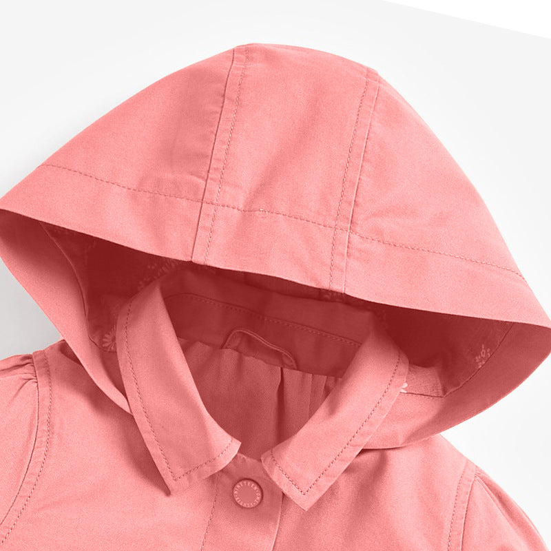 Pink hooded single-breasted outerwear for girls, featuring floral and fruit patterns, perfect for spring and autumn.