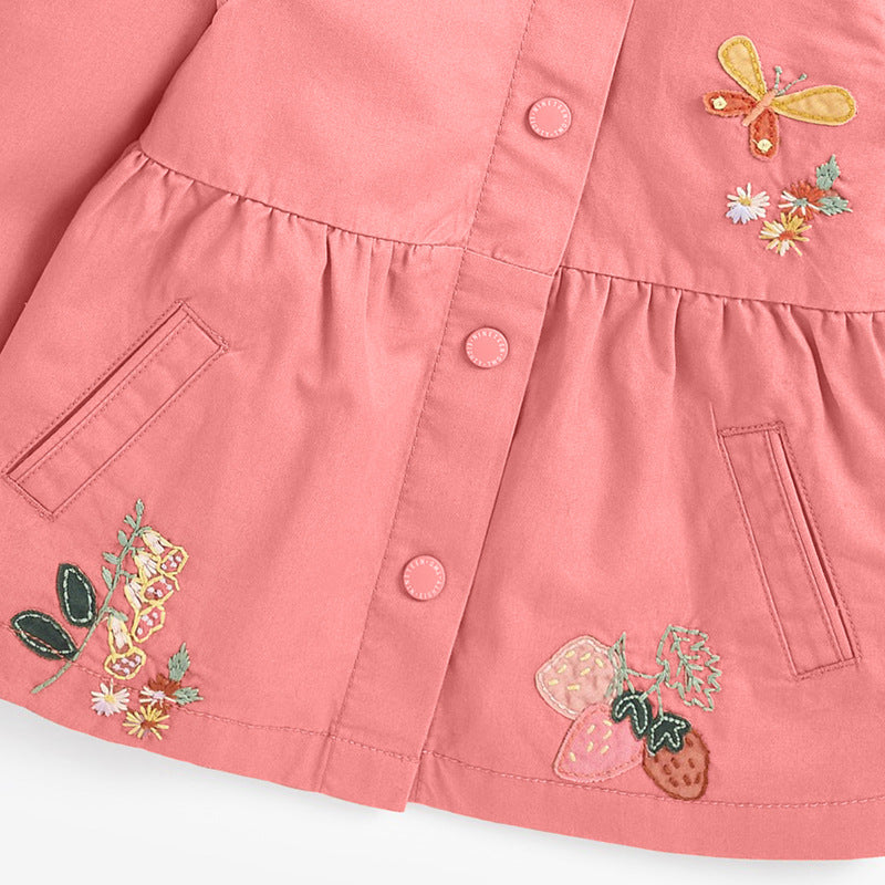 Pink hooded single-breasted outerwear for girls, featuring floral and fruit patterns, perfect for spring and autumn.