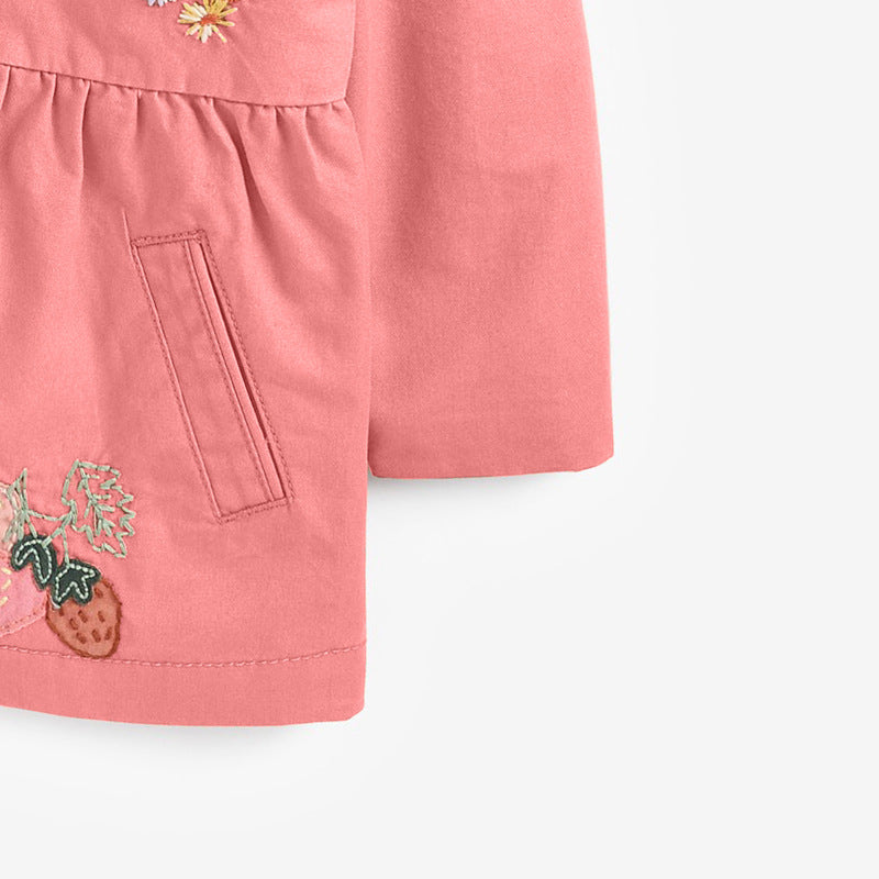 Pink hooded single-breasted outerwear for girls, featuring floral and fruit patterns, perfect for spring and autumn.