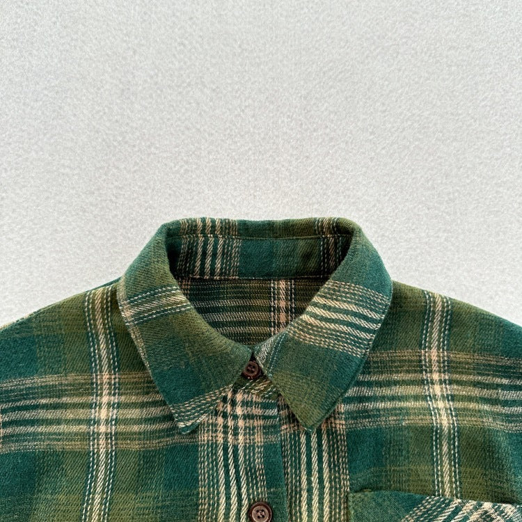 European and American Vintage Style Kids’ Outerwear in plaid long design, featuring a vibrant green color and soft cotton material.