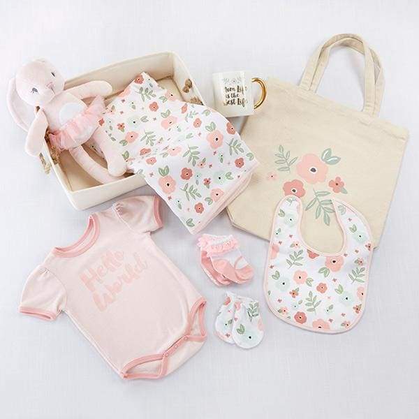 Fancy Floral 9-Piece Baby Gift Basket featuring floral blanket, bib, bodysuit, mittens, bunny plush, tote, and ceramic mug.
