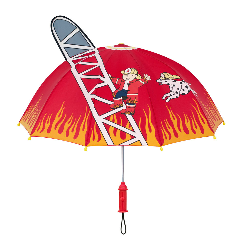 Kidorable Fireman Umbrella with a fire hydrant handle, designed for children, showcasing its vibrant colors and lightweight nylon material.