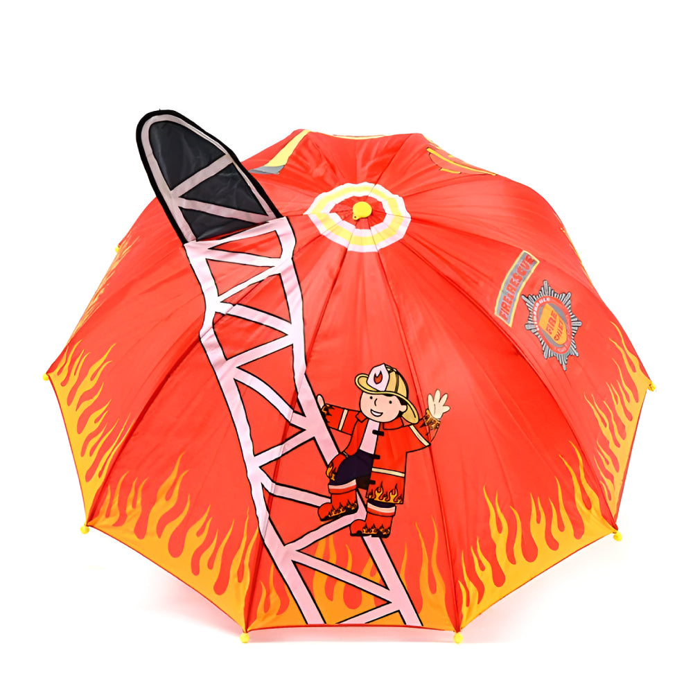 Kidorable Fireman Umbrella with a fire hydrant handle, designed for children, showcasing its vibrant colors and lightweight nylon material.