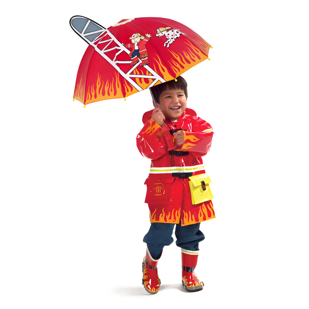 Kidorable Fireman Umbrella with a fire hydrant handle, designed for children, showcasing its vibrant colors and lightweight nylon material.