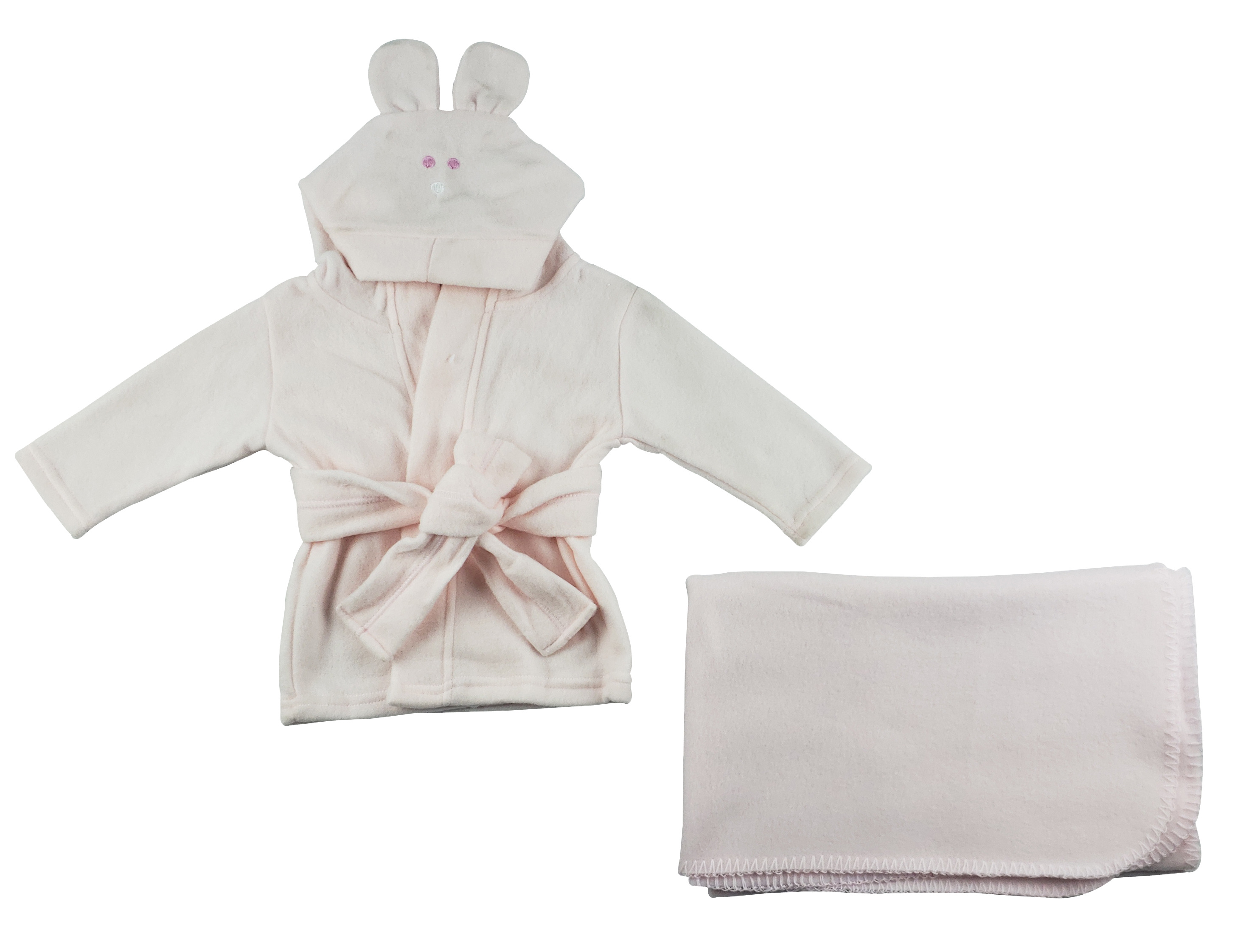 A cozy pink fleece robe with a hoodie and a matching pink polarfleece blanket, perfect for newborns.