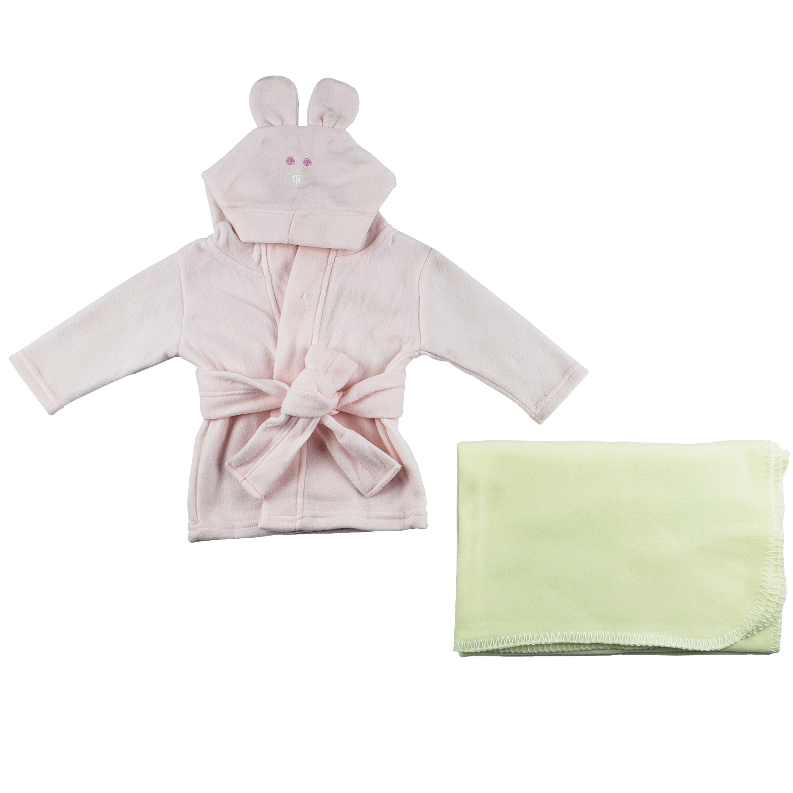 A cozy pink fleece robe with a hoodie and a soft yellow polarfleece blanket, perfect for newborns.