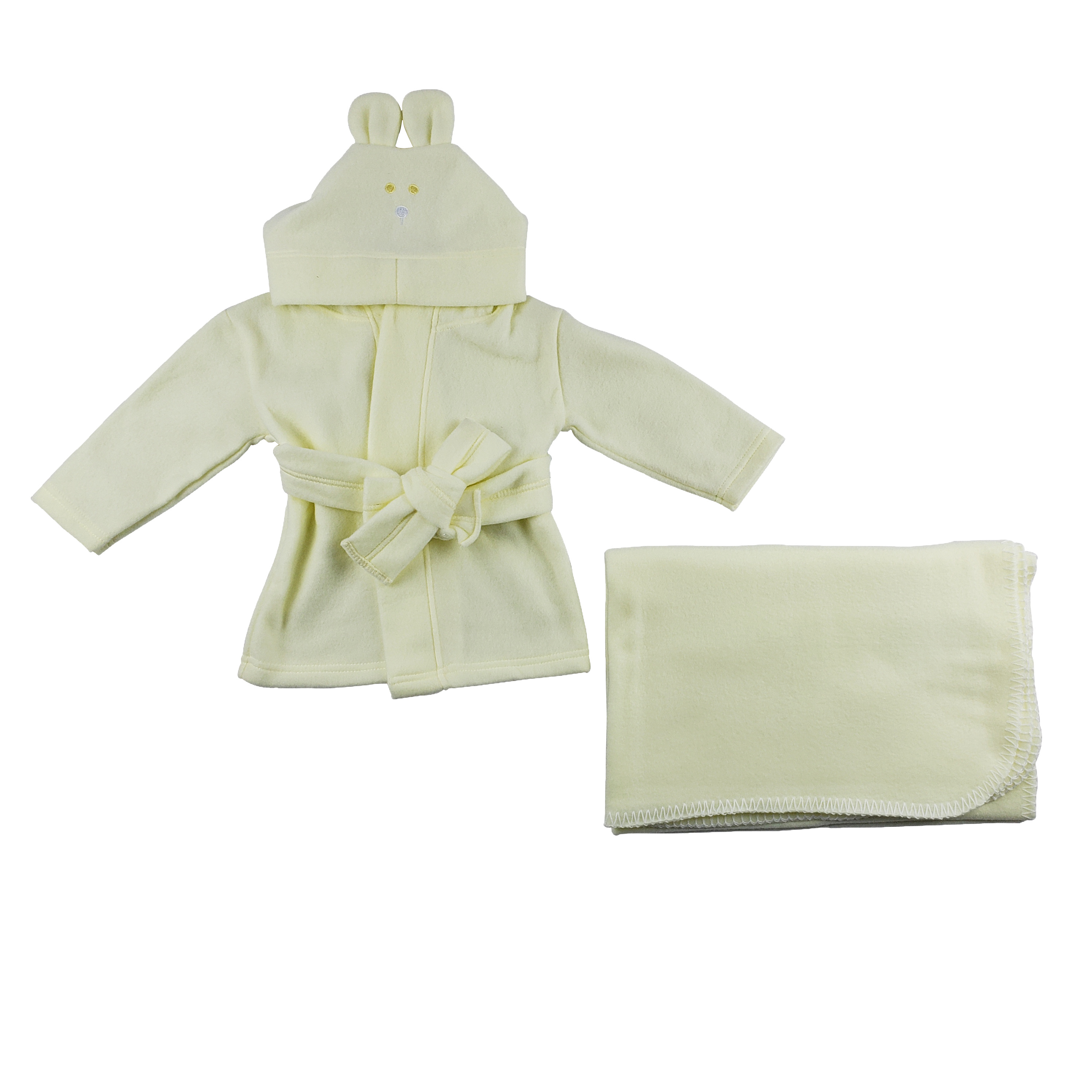 A cozy yellow fleece robe with a hoodie and a matching yellow polarfleece blanket, perfect for newborns.