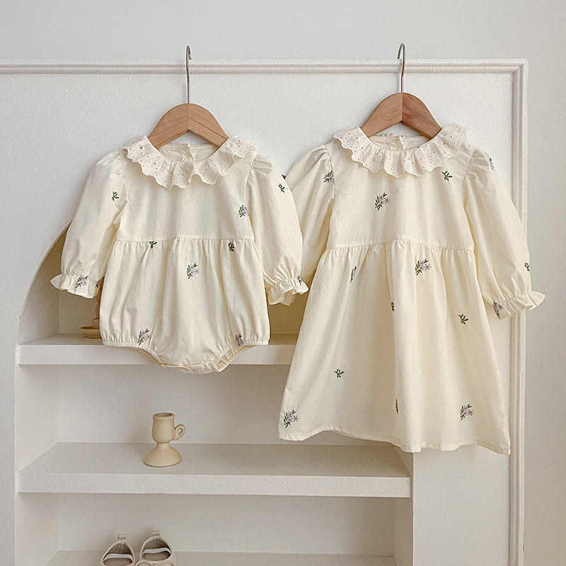 Floral Adorable Baby Doll Collar Onesies in green and beige, designed for baby girls and young girls, featuring a cute floral pattern.