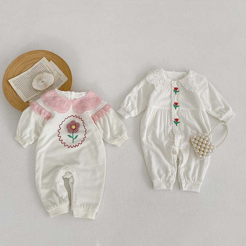 Floral Lace Pattern Princess Romper for Baby Girl in white, featuring delicate lace details and a comfortable fit.