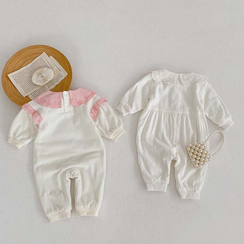Floral Lace Pattern Princess Romper for Baby Girl in white, featuring delicate lace details and a comfortable fit.