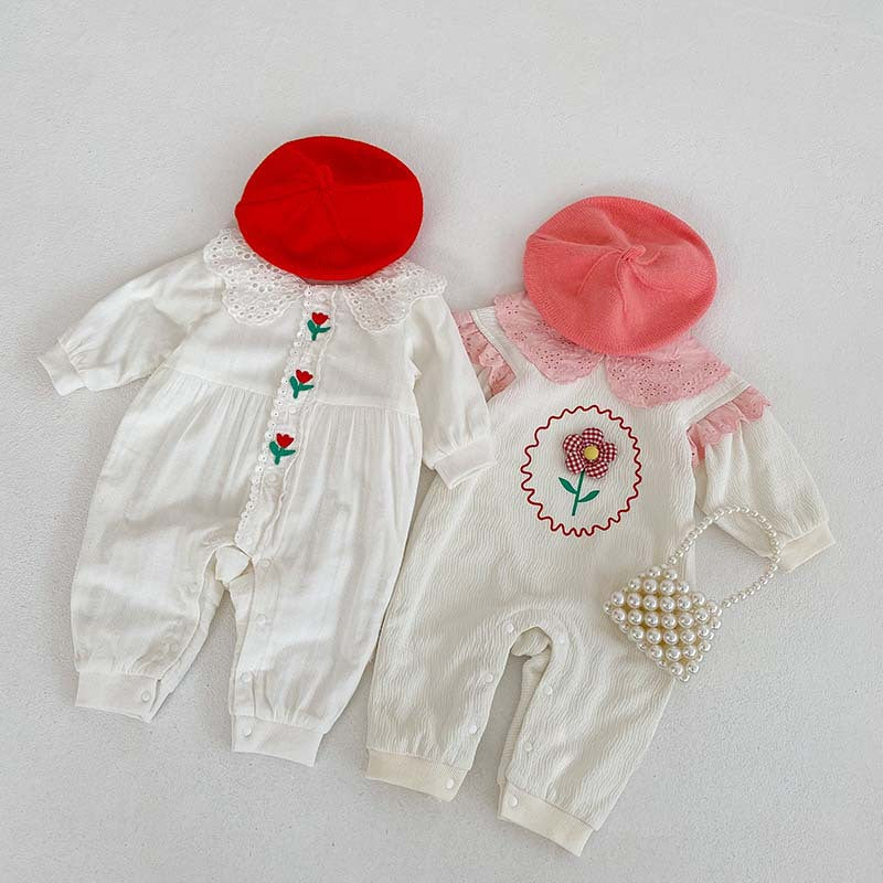 Floral Lace Pattern Princess Romper for Baby Girl in white, featuring delicate lace details and a comfortable fit.