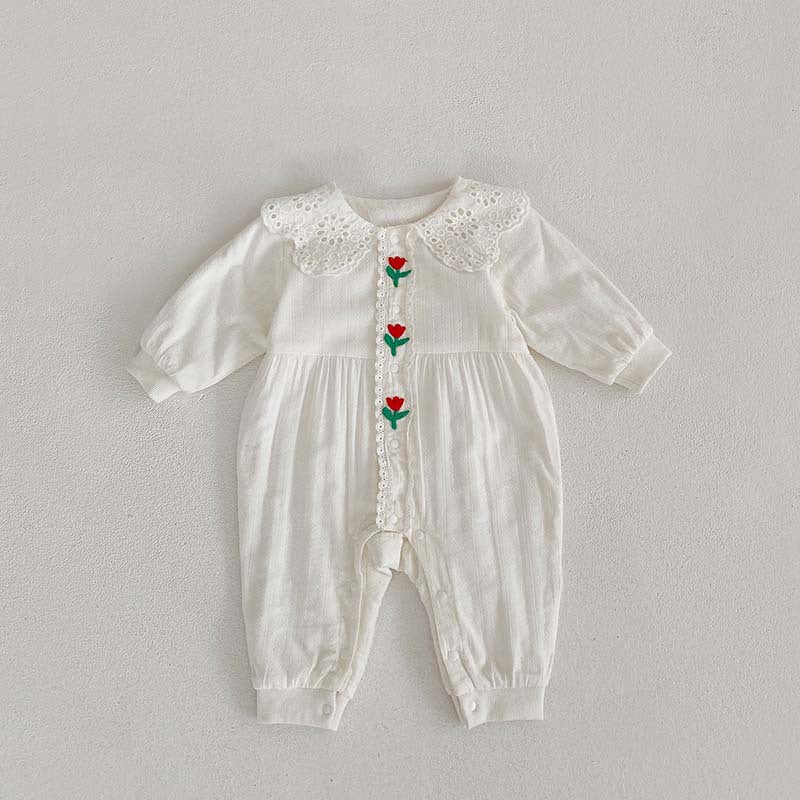 Floral Lace Pattern Princess Romper for Baby Girl in white, featuring delicate lace details and a comfortable fit.