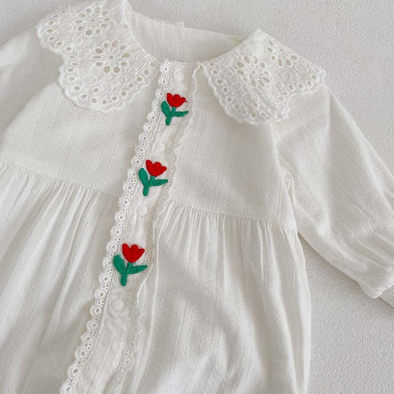Floral Lace Pattern Princess Romper for Baby Girl in white, featuring delicate lace details and a comfortable fit.