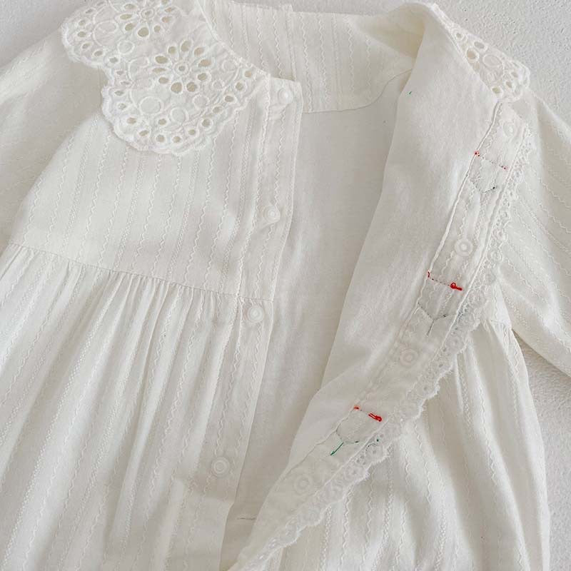 Floral Lace Pattern Princess Romper for Baby Girl in white, featuring delicate lace details and a comfortable fit.