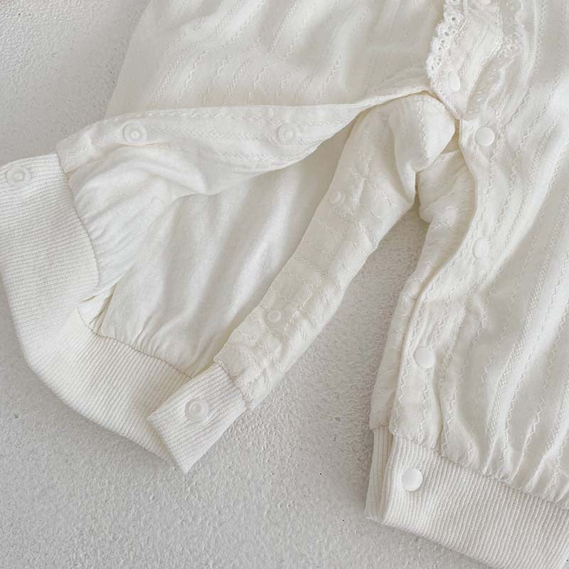 Floral Lace Pattern Princess Romper for Baby Girl in white, featuring delicate lace details and a comfortable fit.