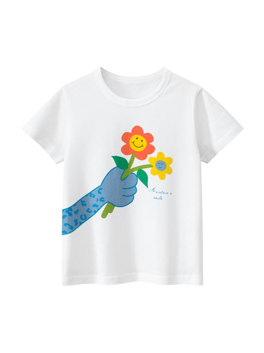 A white girls' t-shirt featuring a colorful cartoon flower print, perfect for summer wear.