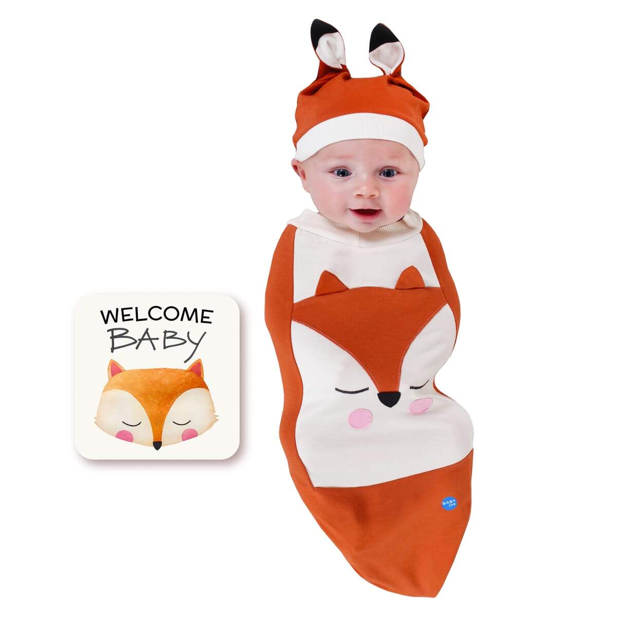 Fox Baby cocoon swaddle set including swaddle, headpiece, and announcement card, designed for newborns.