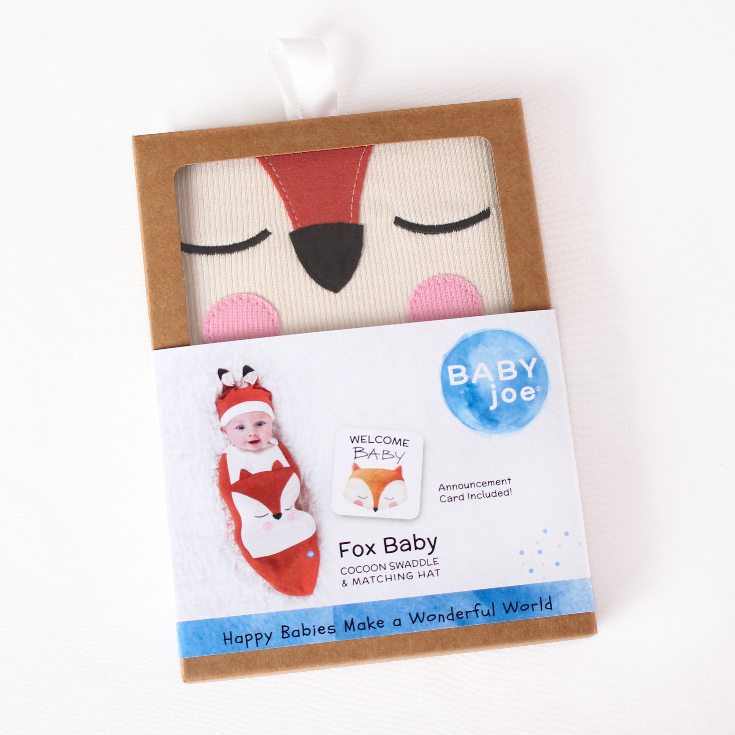 Fox Baby cocoon swaddle set including swaddle, headpiece, and announcement card, designed for newborns.
