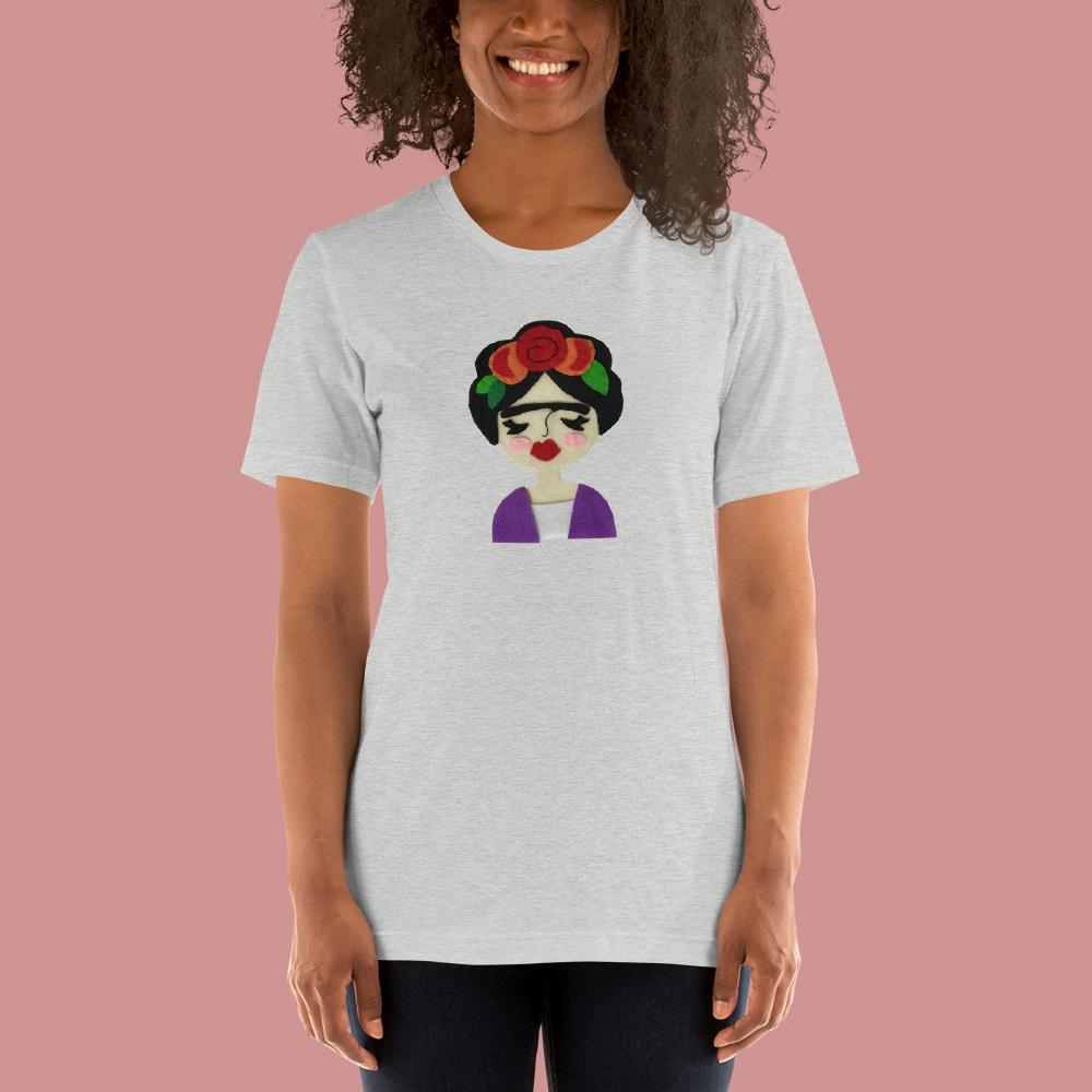 Frida Women's T-Shirt featuring colorful felt appliqué inspired by Frida Kahlo, handmade with love and care.