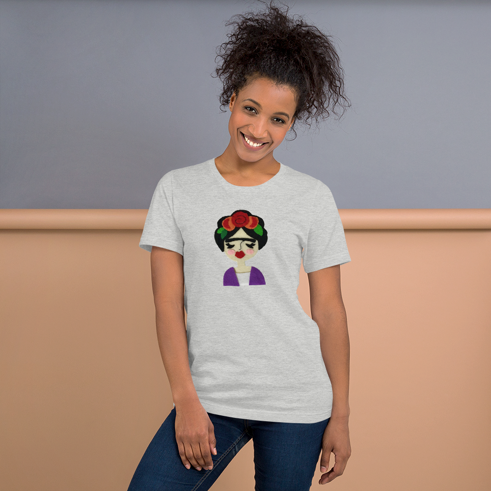 Frida Women's T-Shirt featuring colorful felt appliqué inspired by Frida Kahlo, handmade with love and care.