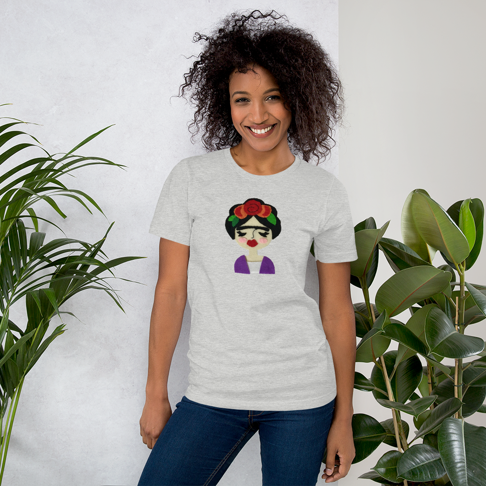 Frida Women's T-Shirt featuring colorful felt appliqué inspired by Frida Kahlo, handmade with love and care.
