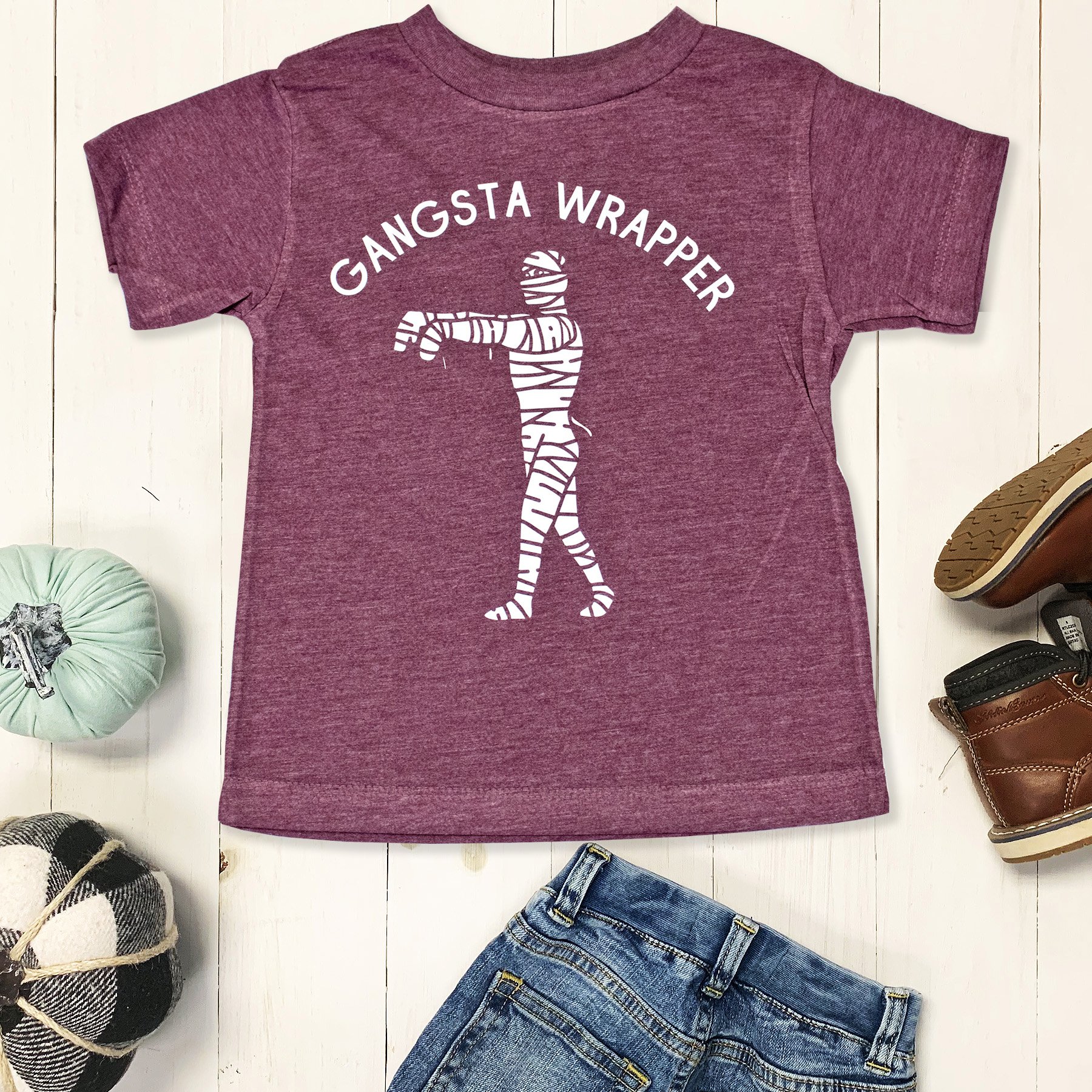 Gangsta Wrapper Halloween Boys Shirt in olive color for infants, featuring a playful design perfect for fall celebrations.