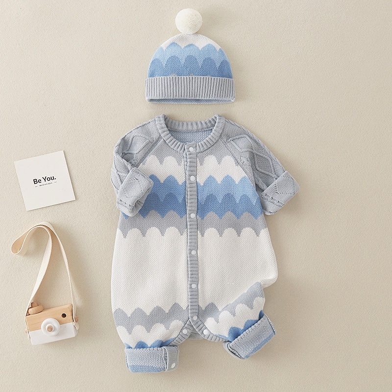 Geometric Pattern Knitted All One Piece Romper in blue, made of soft cotton, suitable for infants.