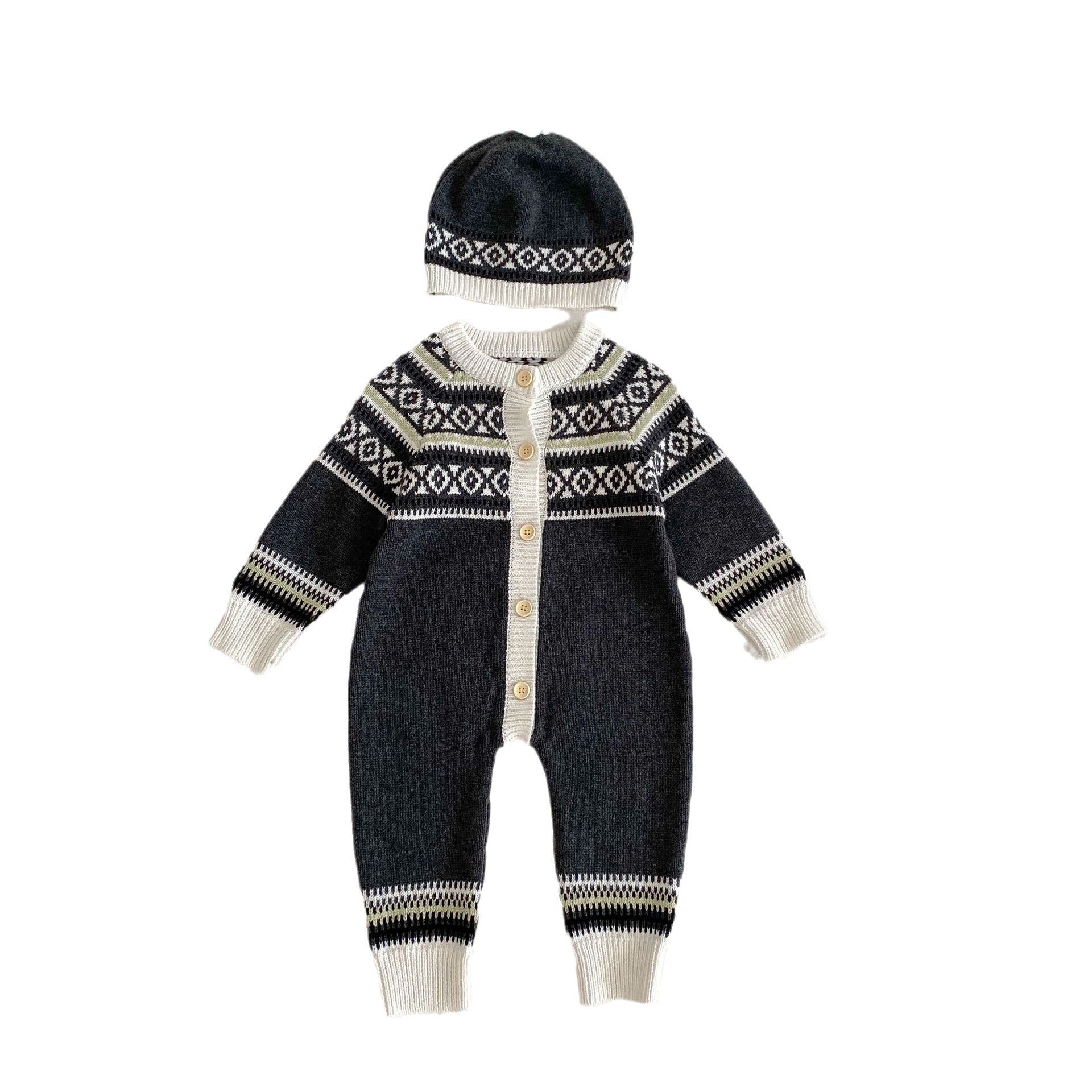 Grey unisex baby knitted romper featuring a geometric pattern, suitable for both baby girls and boys.