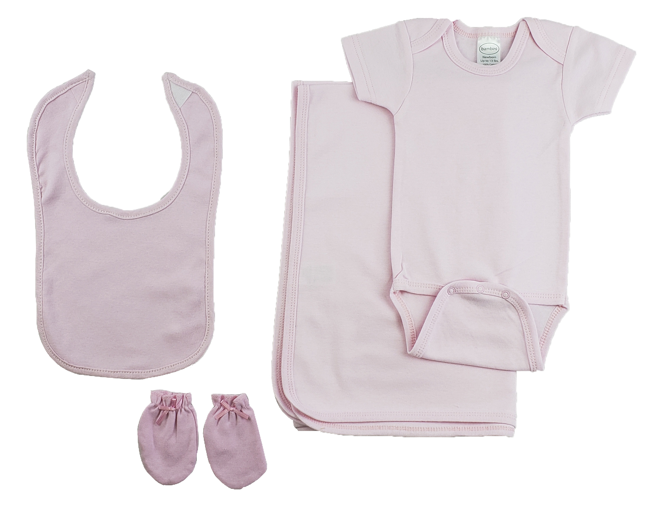 Girls 4 Piece Pink Layette Set featuring a receiving blanket, onesie, bib, and mittens, all made from soft cotton.