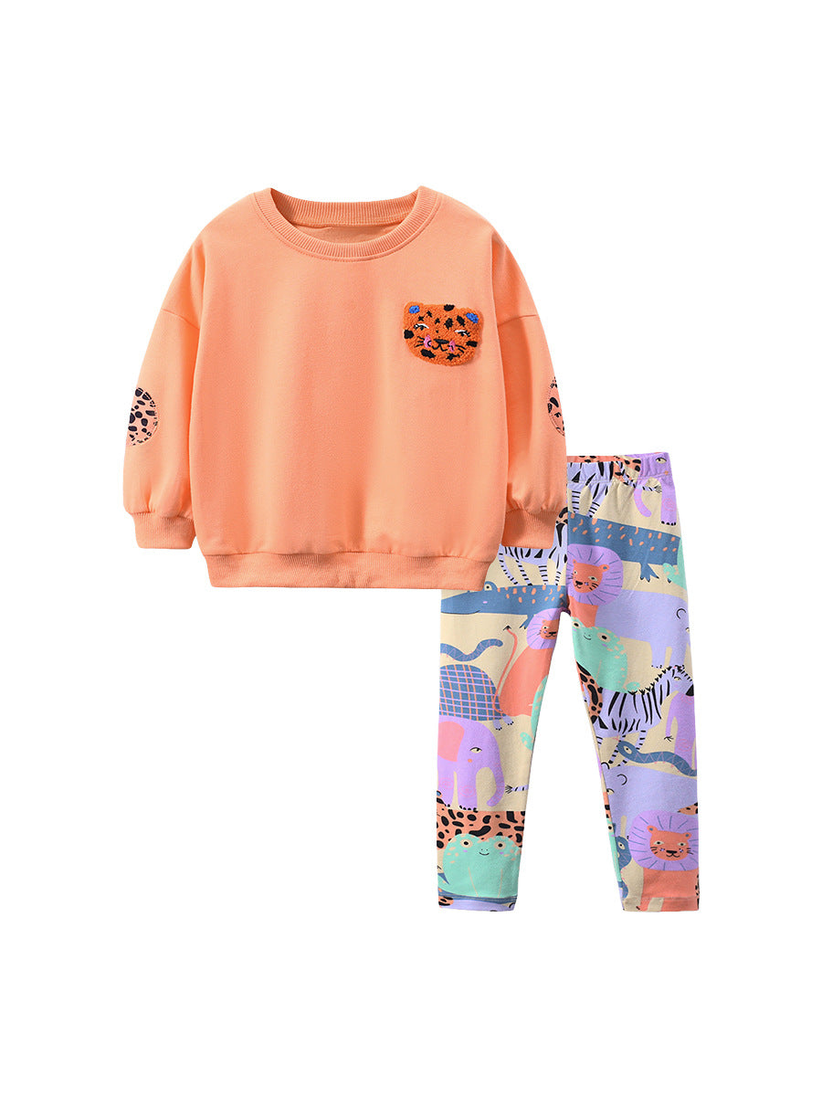 Girls Animals Cartoon Collection Top Pullover and Pants Set in vibrant orange with playful animal designs, perfect for young girls.