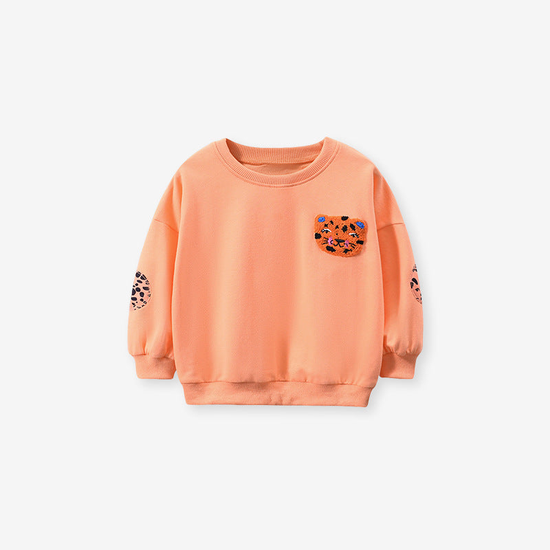 Girls Animals Cartoon Collection Top Pullover and Pants Set in vibrant orange with playful animal designs, perfect for young girls.