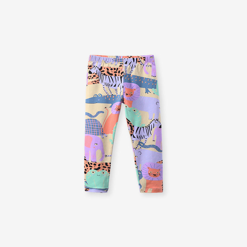 Girls Animals Cartoon Collection Top Pullover and Pants Set in vibrant orange with playful animal designs, perfect for young girls.