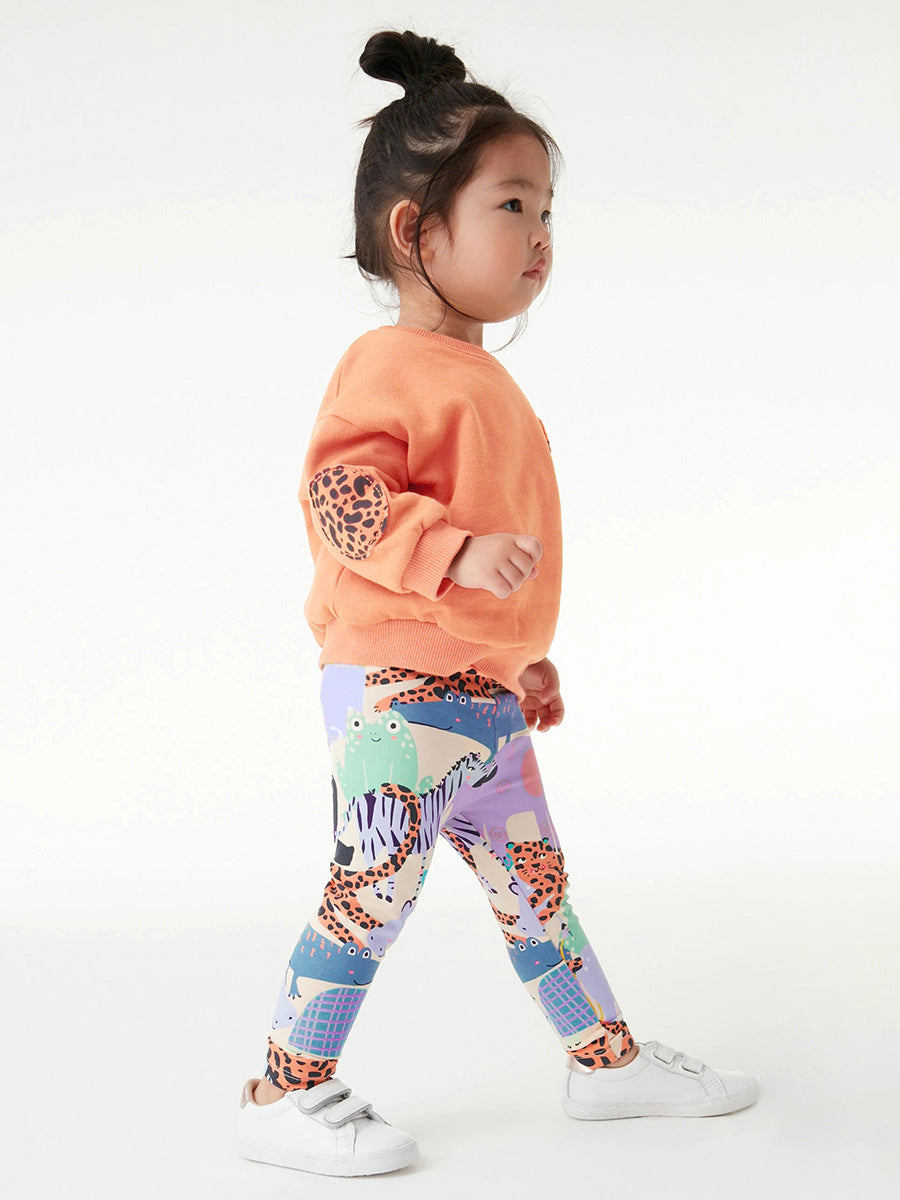 Girls Animals Cartoon Collection Top Pullover and Pants Set in vibrant orange with playful animal designs, perfect for young girls.