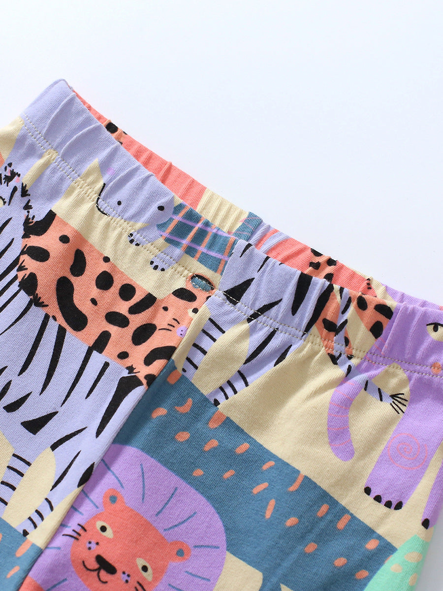 Girls Animals Cartoon Collection Top Pullover and Pants Set in vibrant orange with playful animal designs, perfect for young girls.