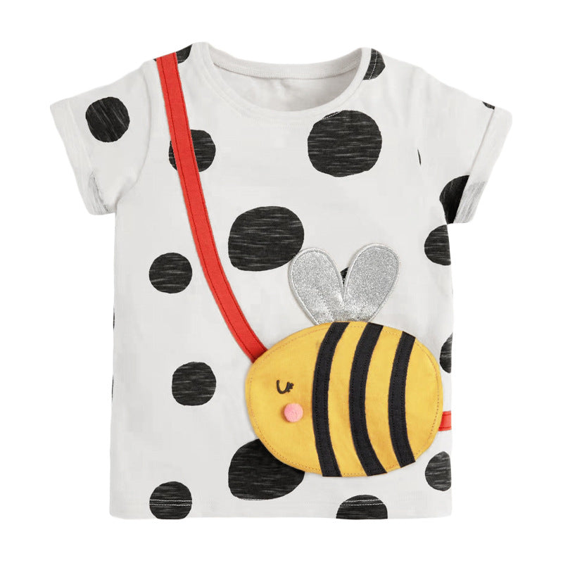 Girls’ grey cotton t-shirt featuring a bee pattern and polka dots, perfect for summer wear.