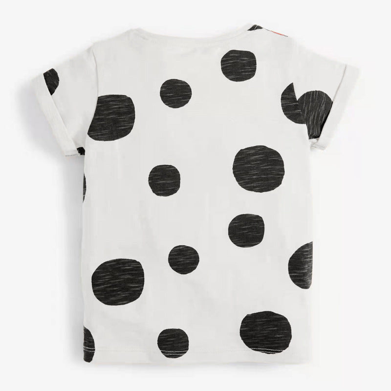 Girls’ grey cotton t-shirt featuring a bee pattern and polka dots, perfect for summer wear.