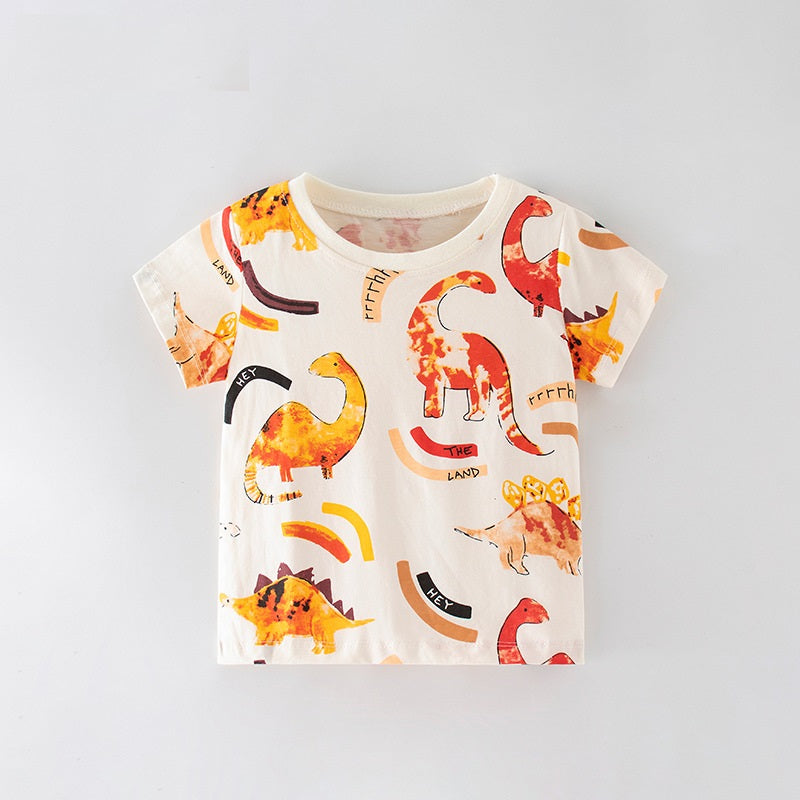 Girls’ Cartoon Orange Dinosaur Pattern Short Sleeves T-Shirt featuring a playful dinosaur design on a vibrant orange background.